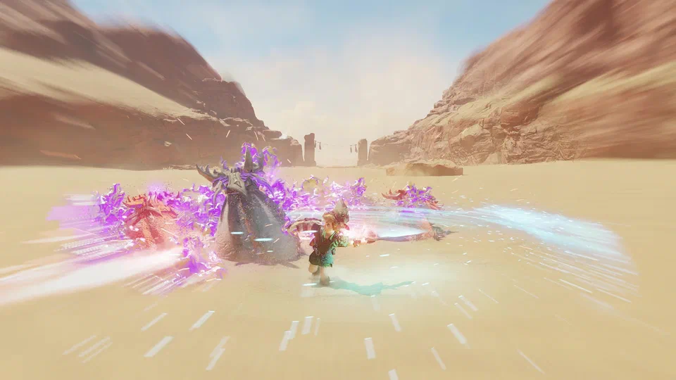 Young Link mid spin-attack in a sandy desert canyon, a ring of pale light around him, as spiked enemies burst up out of the sand in a spray of purple; two stone pillars with flags strung between them stand in the distance