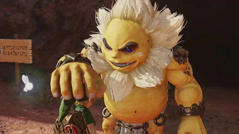 Darunia, a huge yellow Goron with a wild white mane and beard, purple eyes and a broad grin, iron bracelets on his wrists, leaning down to rest one enormous hand on tiny young Link's head, a Hylian signpost and Navi to the left
