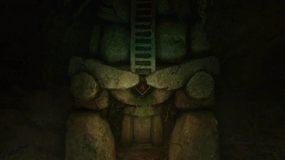 A mossy stone wall inside the Deku Tree: a ladder held up out of reach by two rock arms, with a glowing orange crystal target at the point where the arms meet, and a doorway below