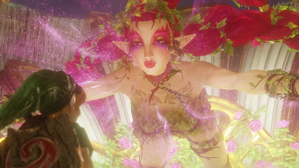 Close-up from young Link's viewpoint of a redesigned Great Fairy: vivid red hair in huge pigtails wound with ivy, a crown of leaves, dramatic pink eye makeup, pointed ears, her body wrapped in vines and leaves, arms spread wide before a golden fountain arch with waterfalls and pink roses