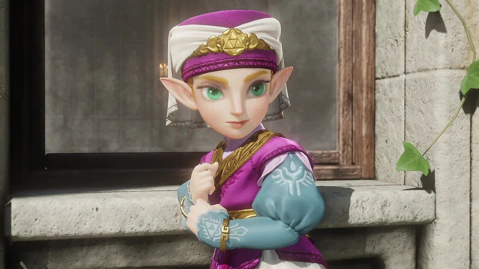 Close-up of young Princess Zelda: white and pink headdress with a gold Triforce tiara, green eyes, pointed ears, a magenta bodice with gold trim and light blue puffed sleeves embroidered with the Hylian crest, one hand held to her chest