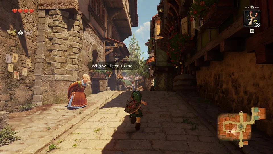 An old bald man with a long white moustache in a red robe leaning against a stone wall in the back alley, a floating bubble reading: Who will listen to me... as Link runs past