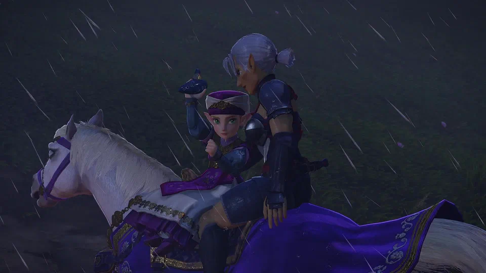 Young Zelda on a galloping white horse in heavy night rain, Impa riding behind her, white ponytail and dark Sheikah armor; Zelda raises the blue Ocarina of Time in one hand, about to throw it