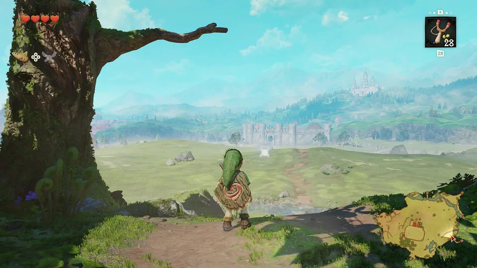 Link standing at the Kokiri Forest exit under a huge tree, looking out across Hyrule Field to the Castle Town gate, with Hyrule Castle on a hill behind it and mountains beyond