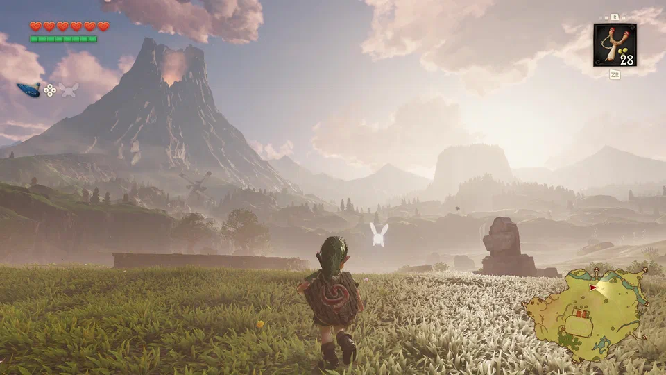 Link at golden hour in Hyrule Field facing Death Mountain, its crater smoking, the windmill silhouetted below; the HUD shows six hearts, a green magic meter, and a blue ocarina