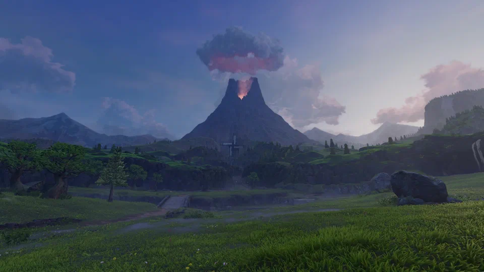 Cinematic view across Hyrule Field at dusk to Death Mountain, its crater glowing orange beneath a towering smoke cloud lit pink from below, the Kakariko windmill and a stone bridge in the middle distance
