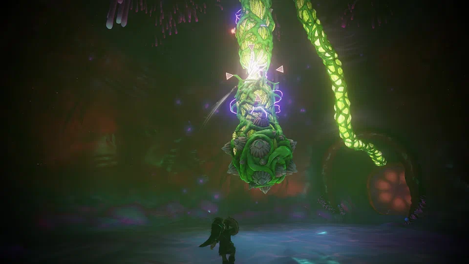 Young Link, small and silhouetted, standing beneath a huge green veined tentacle hanging from the fleshy ceiling of Jabu-Jabu's belly, its spiked bulbous tip crackling with purple electricity, a faint boomerang arc in the air and a lock-on reticle on the tentacle