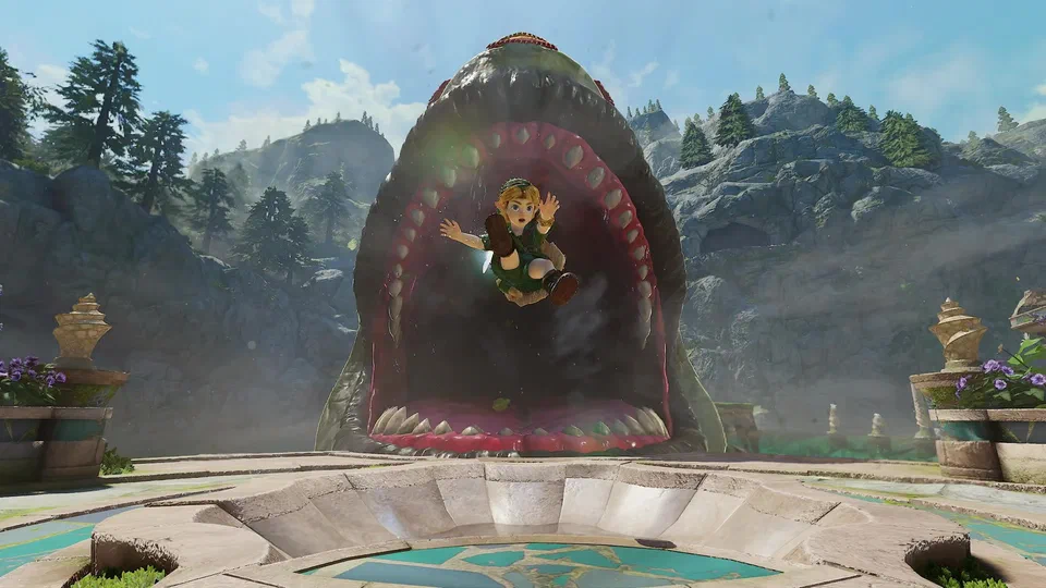 Young Link flailing in mid-air as he is sucked toward the gaping pink mouth of Lord Jabu-Jabu, Navi beside him, the stone fountain platform below and pine-covered cliffs behind
