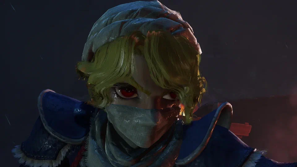 Close-up of Sheik's face: blonde bangs under a grey head wrap, the lower face covered, striking red eyes, blue shoulder armor, with rain falling and fire glowing behind