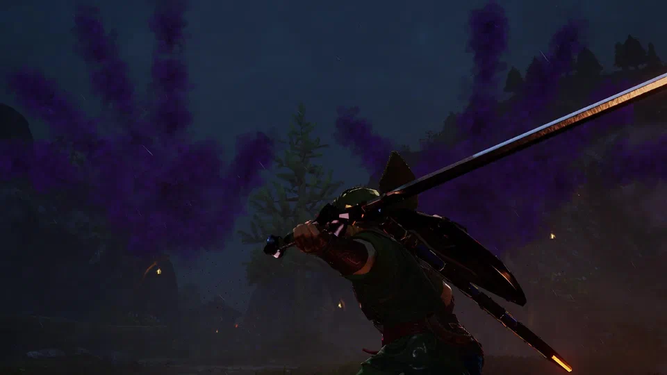 Adult Link at night in the rain in Kakariko Village, Master Sword drawn and swung high, as enormous shadowy purple hands and tendrils rise up around him against the dark sky, lanterns and village rooftops behind