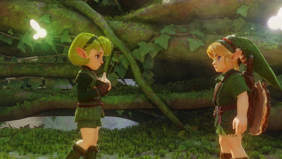 Saria and young Link face to face beneath huge mossy tree roots hung with ivy at the Kokiri Forest exit, Saria clutching the Fairy Ocarina to her chest, two fairies glowing either side of them