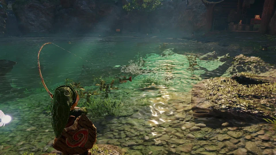 Young Link with the Deku Shield at the edge of the Fishing Pond, rod bent hard and line taut as a fish thrashes at the surface in a patch of green-lit water, the fishing hut and its owner in the background