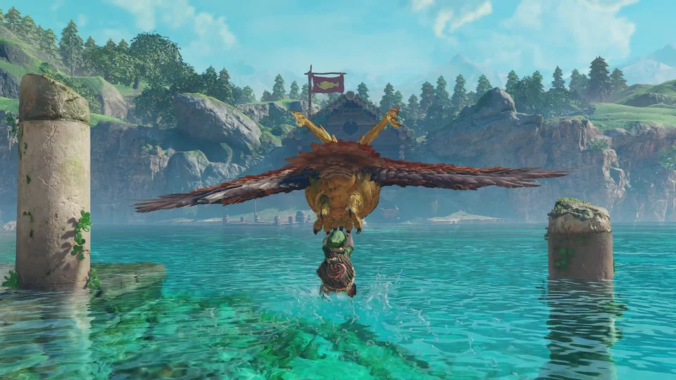 A huge brown owl with horn-like feather tufts lifting young Link out of Lake Hylia by its talons, turquoise water splashing below, two stone pillars either side and the Fishing Pond hut with its fish flag behind