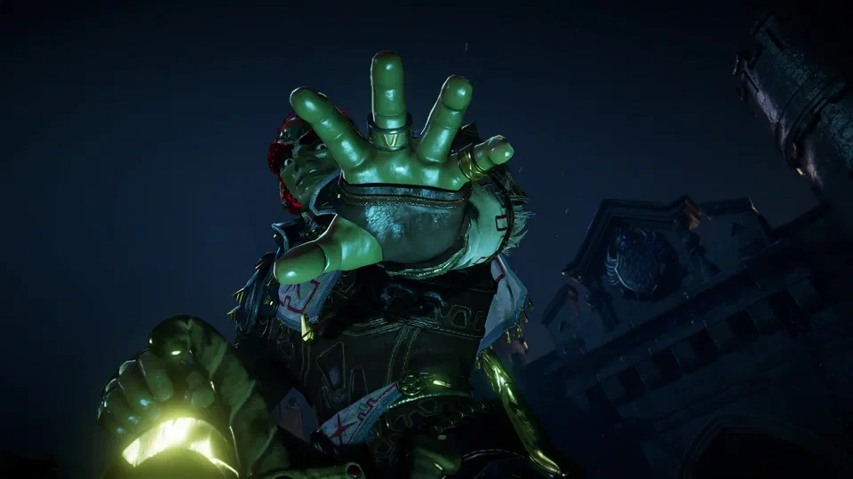 Low-angle close-up of Ganondorf reaching down toward the camera with an open green hand, red hair and dark Gerudo armor, a glowing yellow orb of magic in his other hand, castle walls behind him at night