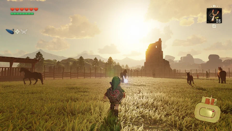 Lon Lon Ranch at sunset: Link walking into the fenced corral as several horses gallop past, the ranch's stone tower silhouetted against a low sun, mountains behind