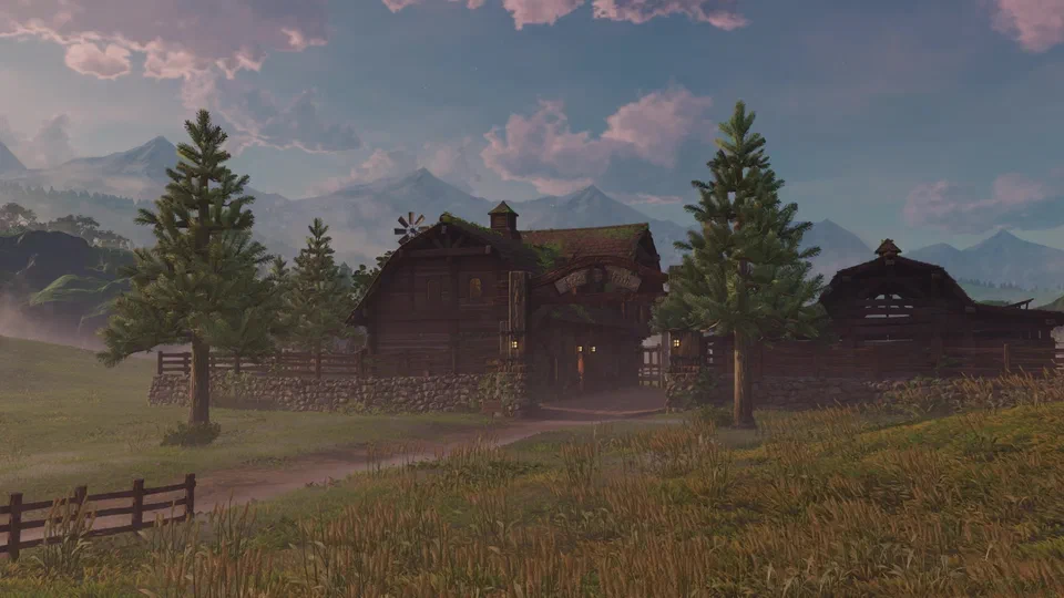 Cinematic exterior of Lon Lon Ranch from Hyrule Field at dusk: a big timber barn with a small windmill on its roof, a carved wooden sign in Hylian over the gate arch, lit lanterns, stone-and-timber walls, a thatched stable to the right, pines and mountains behind