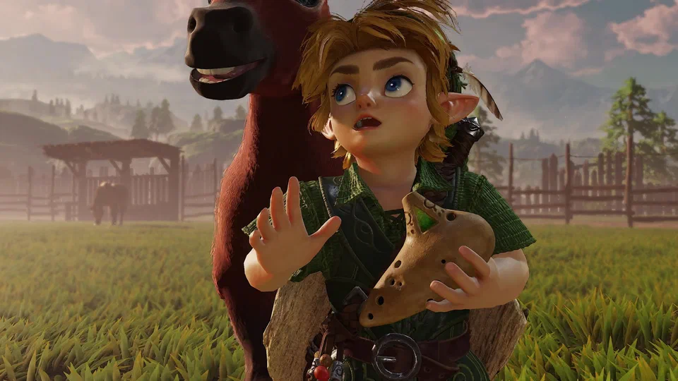 Close-up of young Link holding the wooden Fairy Ocarina, startled and wide-eyed, as young Epona grins over his shoulder with her teeth showing, Lon Lon Ranch fences and pergola behind