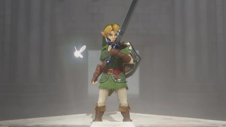 Adult Link standing on the white marble Pedestal of Time, holding the Master Sword aloft in both hands about to drive it down, Hylian Shield on his back, Navi beside him, grey stone walls in mist