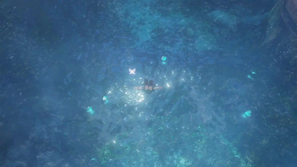 Top-down view of young Link diving down through deep blue water, arms spread, Navi above him, with glowing blue rupees scattered across the lake bed around him