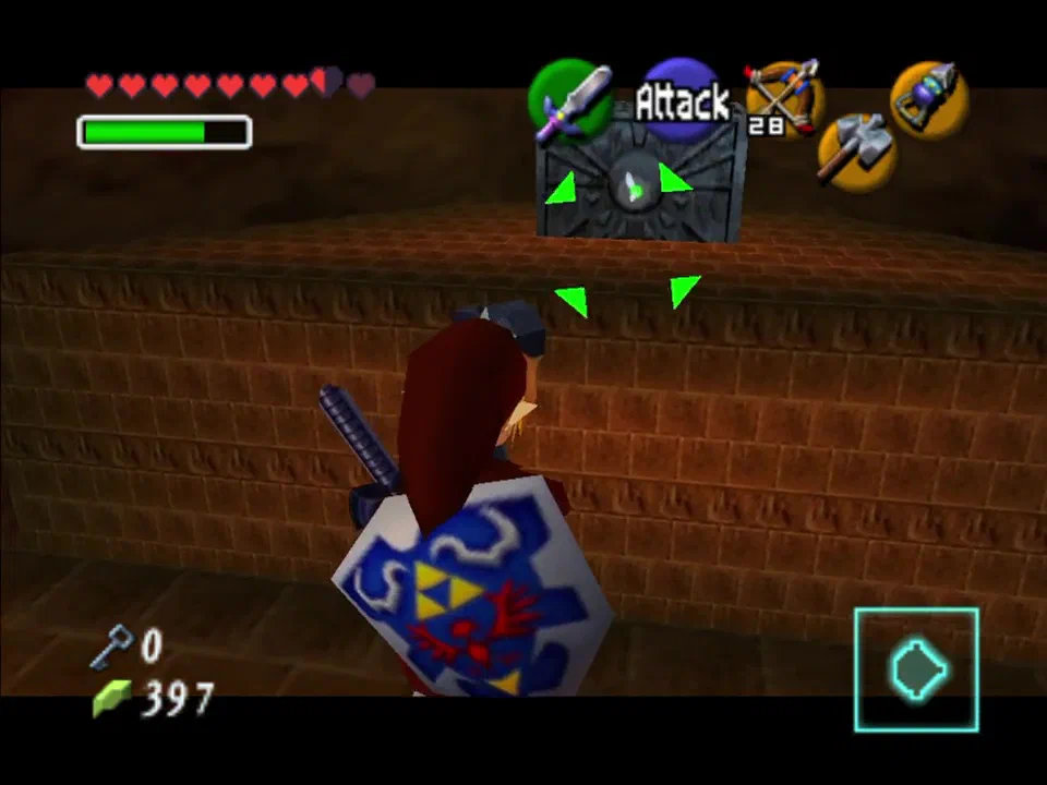 Play the Song of Time to move this block and reveal a switch that you hit with your hammer